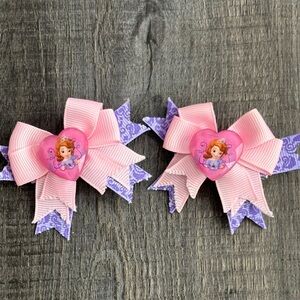 💞 New Set of 2 Disney Jr Sofia The First Pink & Purple Princess Hair Bow Clips